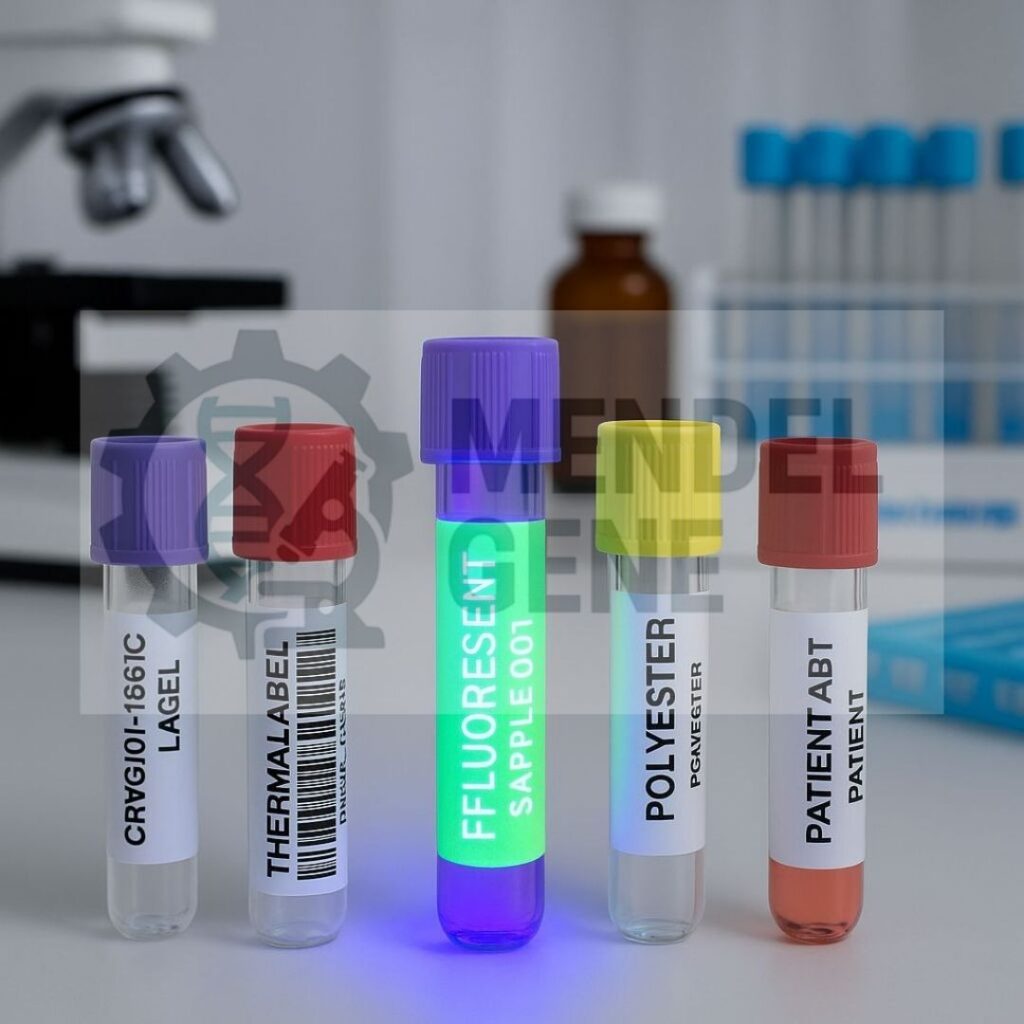 "تصویر مقایسه‌ای انواع لیبل‌های آزمایشگاهی شامل لیبل‌های کاغذی، فیلمی، مقاوم در برابر مواد شیمیایی و دما، همراه با کاربردهای متنوع آن‌ها"