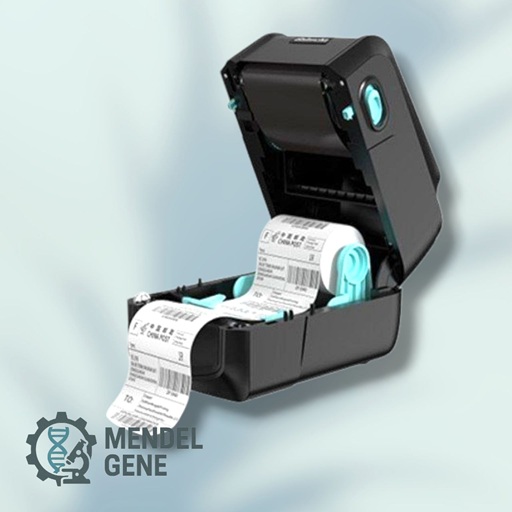 لیبل پرینتر Gainscha GA-2408T با نمایشگر لمسی و پورتهای USB و LAN مناسب چاپ لیبل نمونههای آزمایشگاهی.