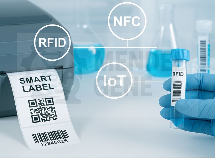 "نمونه‌ای از برچسب‌های آزمایشگاهی هوشمند دارای فناوری RFID، بارکد دوبعدی و کدهای شناسایی خودکار در محیط آزمایشگاهی"