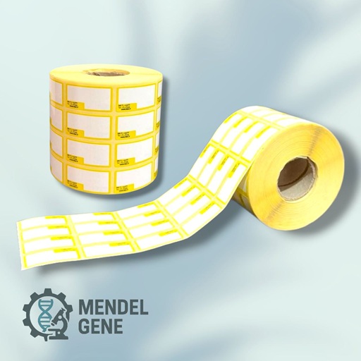 لیبل اصالت کالا 40×20 میلیمتر با حاشیه زرد، دارای UID، GTIN، سری ساخت و کد اصالت قابل استعلام در سامانه TTAC.